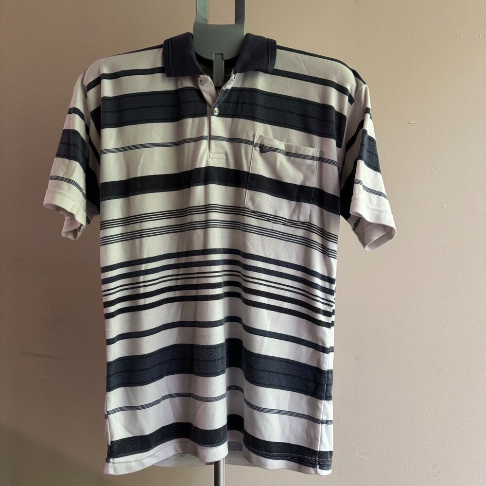 Vtg Nike Polo Shirt Men L White Black Striped Short Sleeve Swoosh Golf Shirt